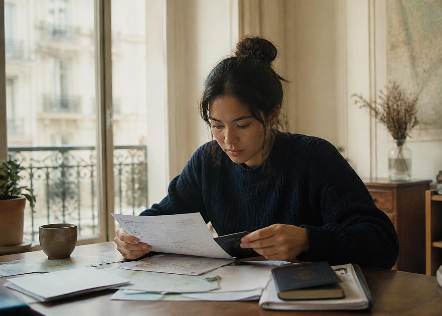International student reviewing visa and Campus France documents in a Paris apartment
